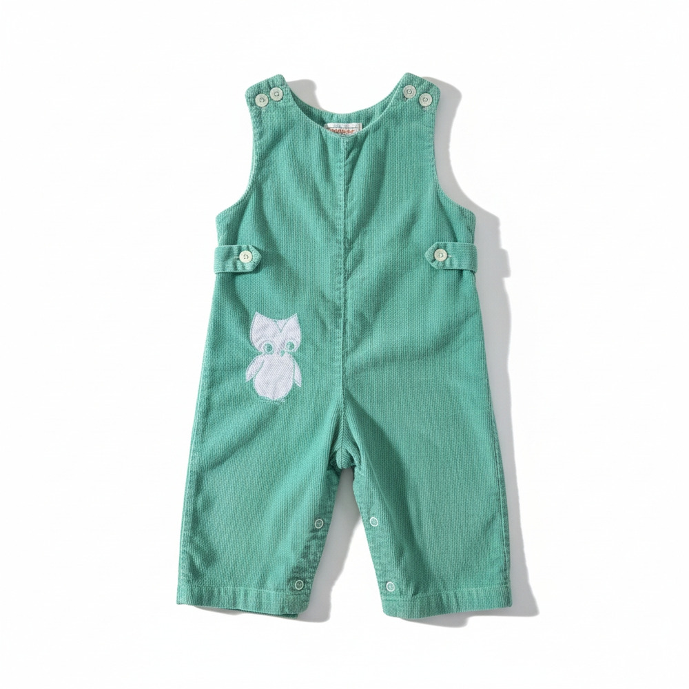 Vintage Baby Corduroy Overalls Mint Green Owl Applique Size 18 Months